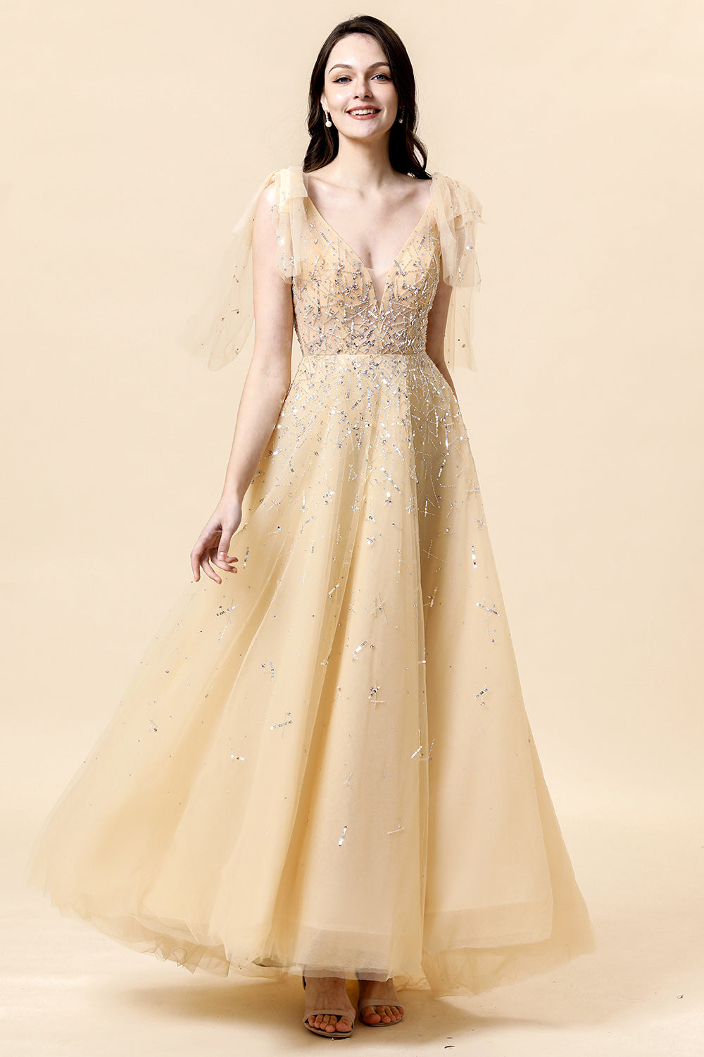 Sparkly Yellow Beaded A-Line Formal Dress - Fashionpara