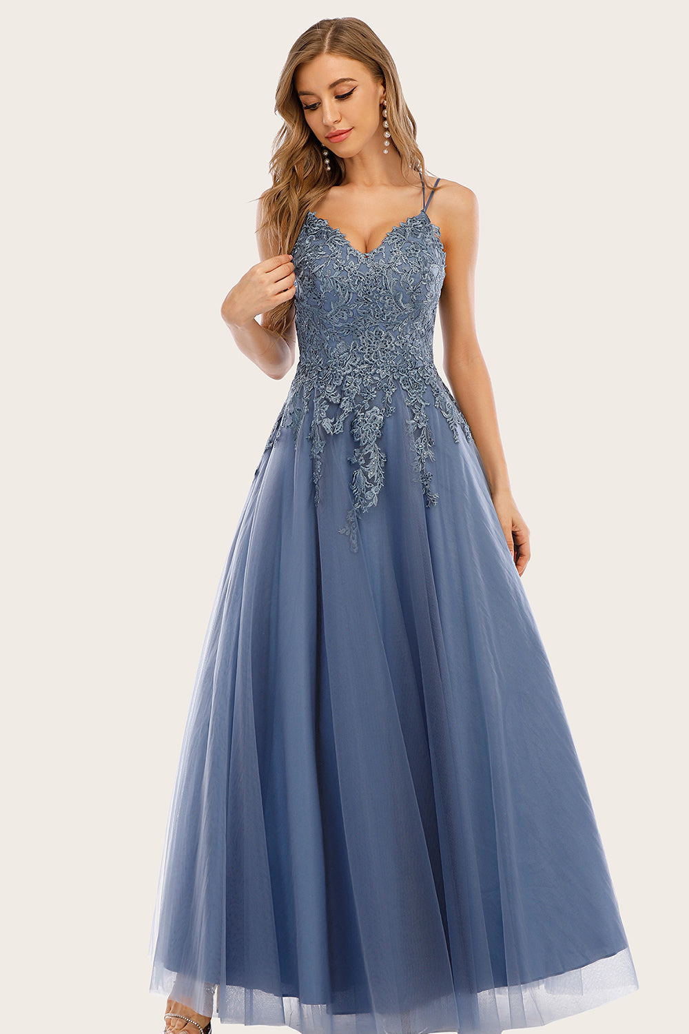 Dusty Blue Long Prom Dress with Lace - Fashionpara