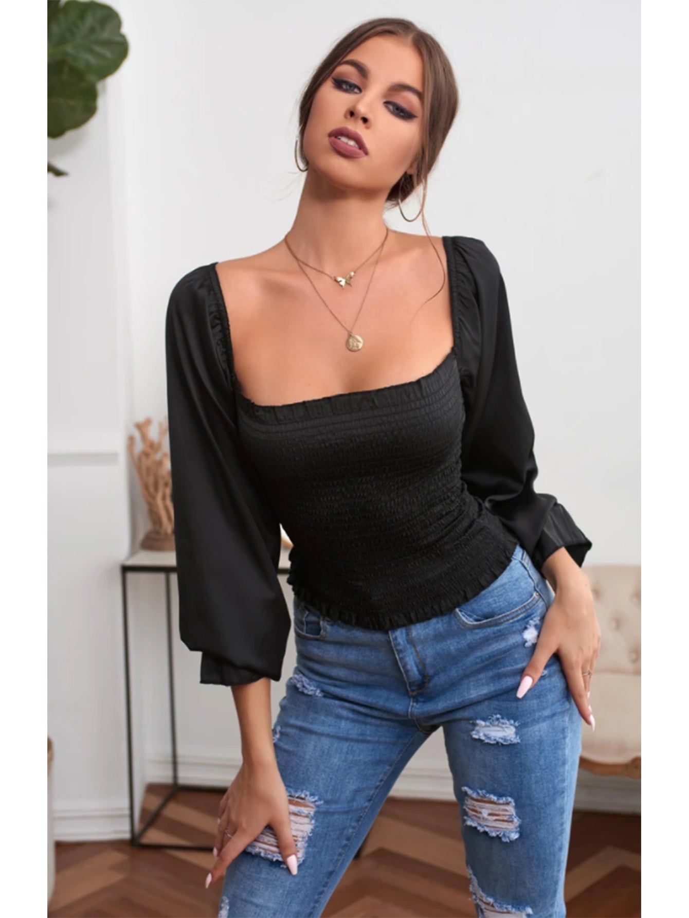 SQUARE COLLAR RUFFLED LONG SLEEVES BLOUSE - Fashionpara