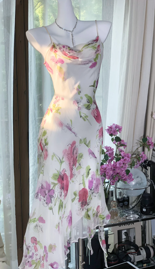 Pretty Spaghetti Straps Chiffon Print Floral Mermaid Evening Dress Long Party Dress D1311