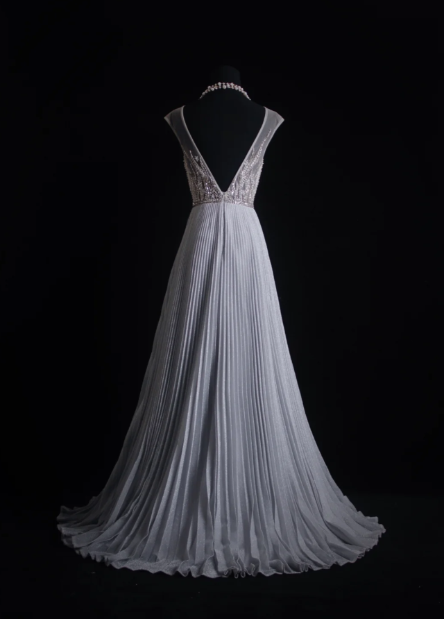 Pretty Gray Satin Pleated Sequin Beaded Long Wedding Guest Dress Party Dress D1685