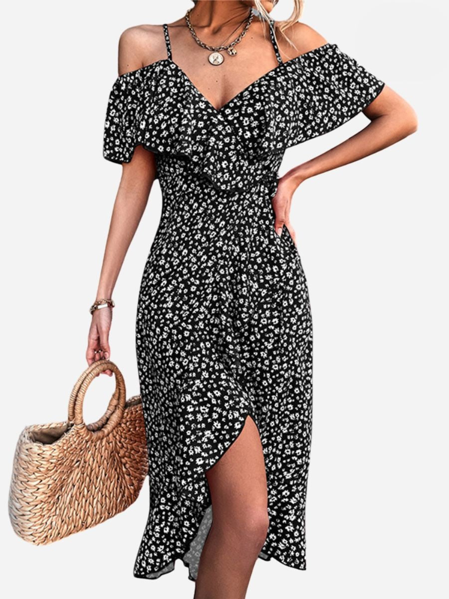 Floral Cold Shoulder Ruffle Spaghetti Strap Wrap Midi Dress - View 5