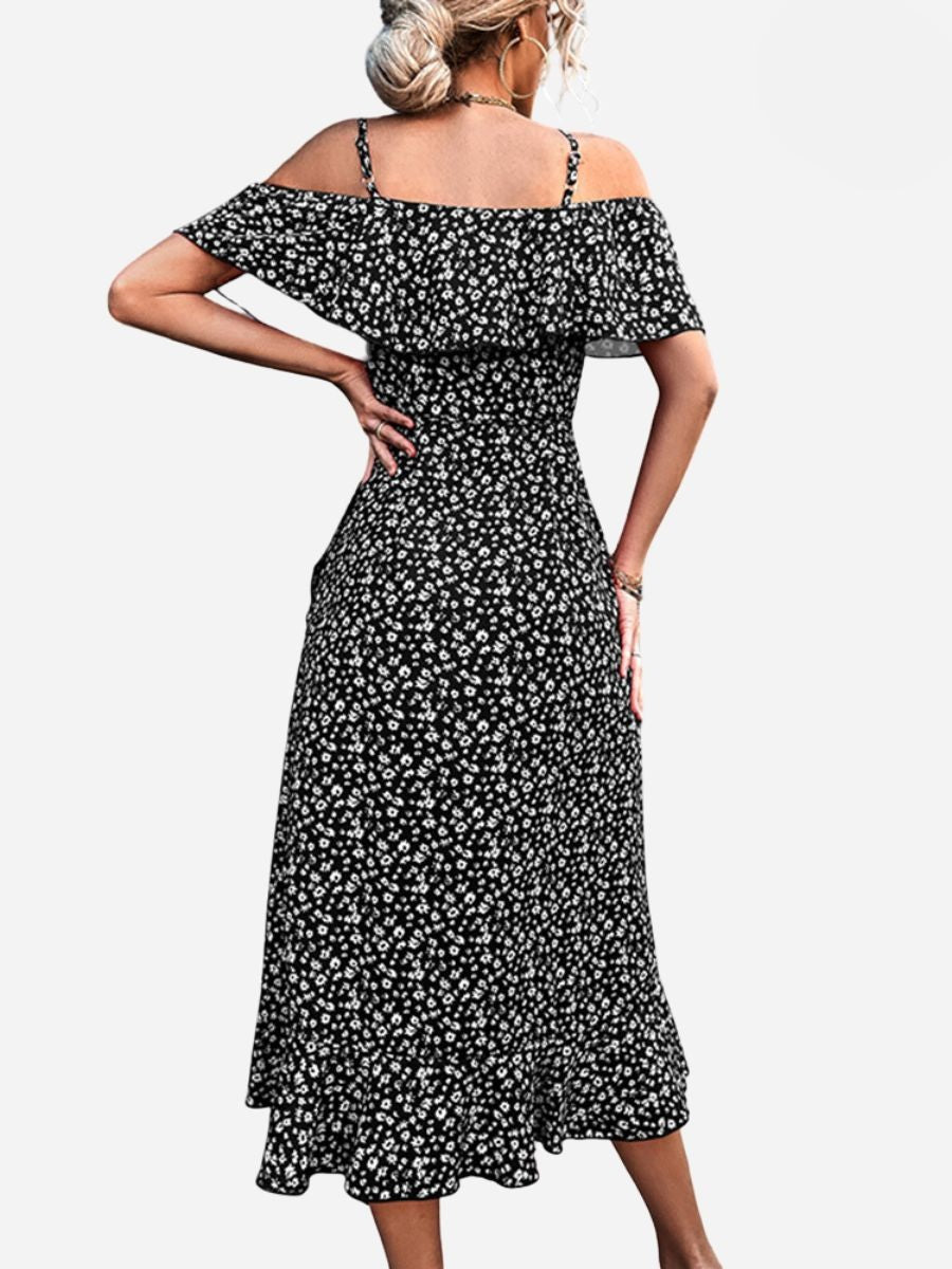 Floral Cold Shoulder Ruffle Spaghetti Strap Wrap Midi Dress - View 6