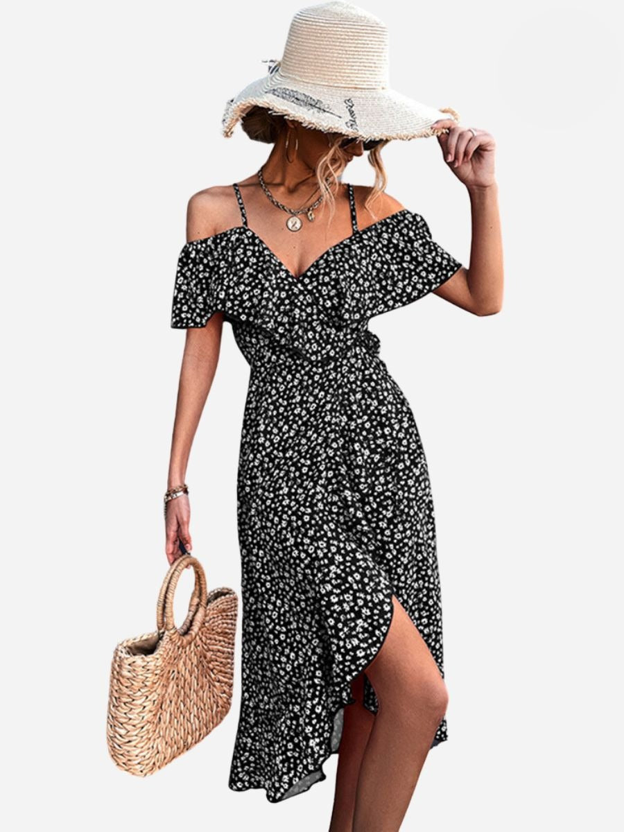 Floral Cold Shoulder Ruffle Spaghetti Strap Wrap Midi Dress - View 7