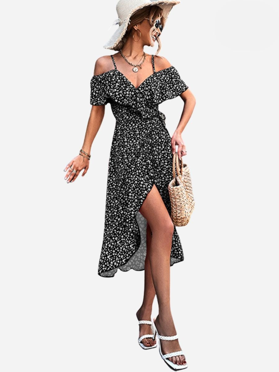 Floral Cold Shoulder Ruffle Spaghetti Strap Wrap Midi Dress - View 8