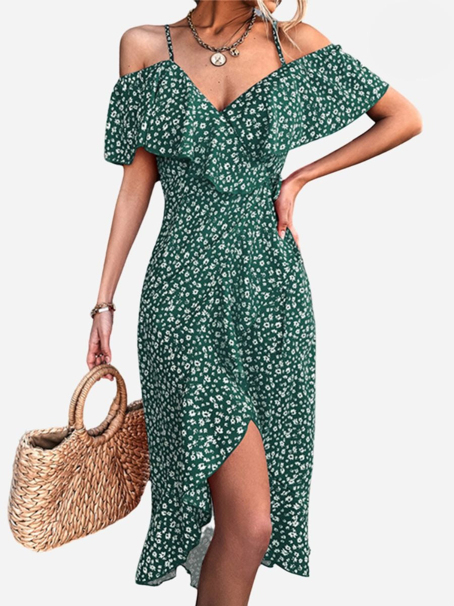 Floral Cold Shoulder Ruffle Spaghetti Strap Wrap Midi Dress - View 9