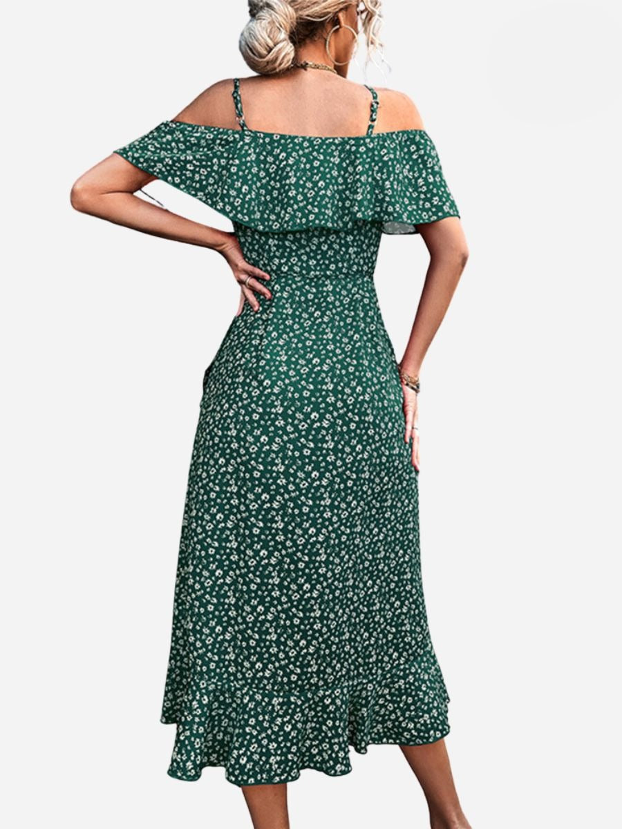 Floral Cold Shoulder Ruffle Spaghetti Strap Wrap Midi Dress - View 10