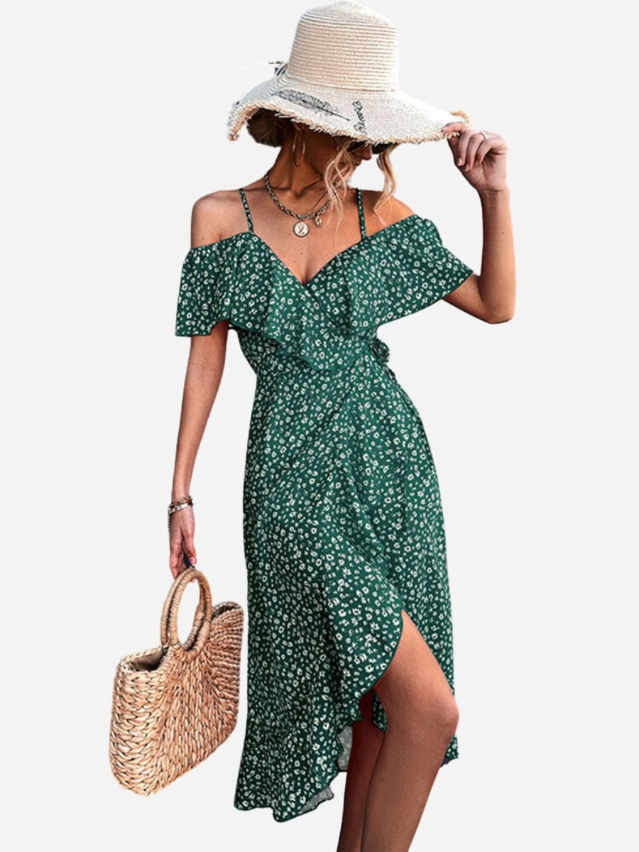 Floral Cold Shoulder Ruffle Spaghetti Strap Wrap Midi Dress - View 11