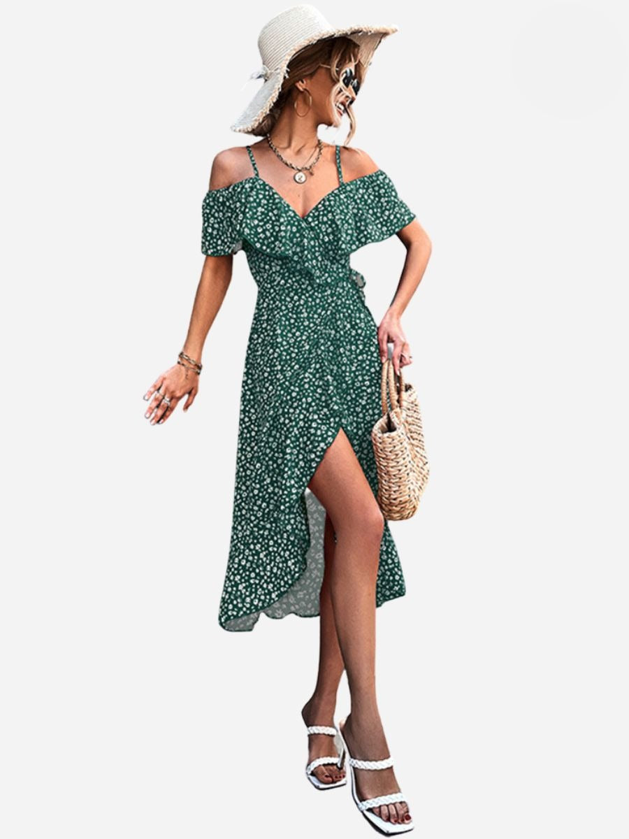 Floral Cold Shoulder Ruffle Spaghetti Strap Wrap Midi Dress - View 12