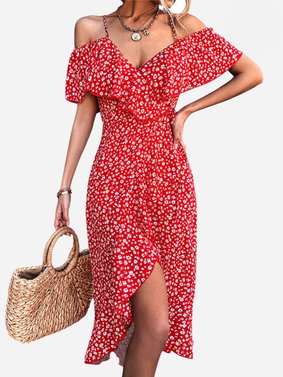 Floral Cold Shoulder Ruffle Spaghetti Strap Wrap Midi Dress