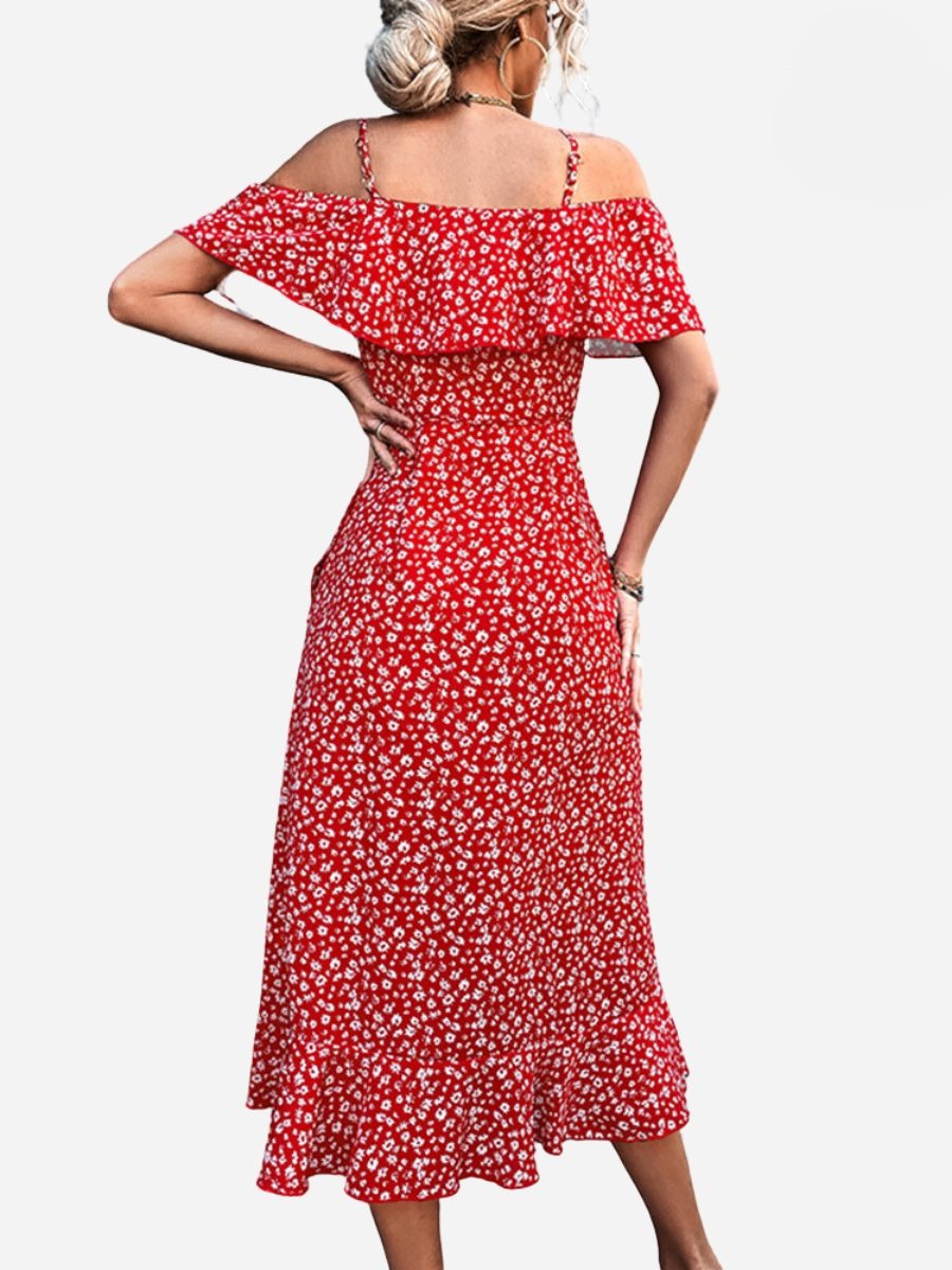 Floral Cold Shoulder Ruffle Spaghetti Strap Wrap Midi Dress - View 2