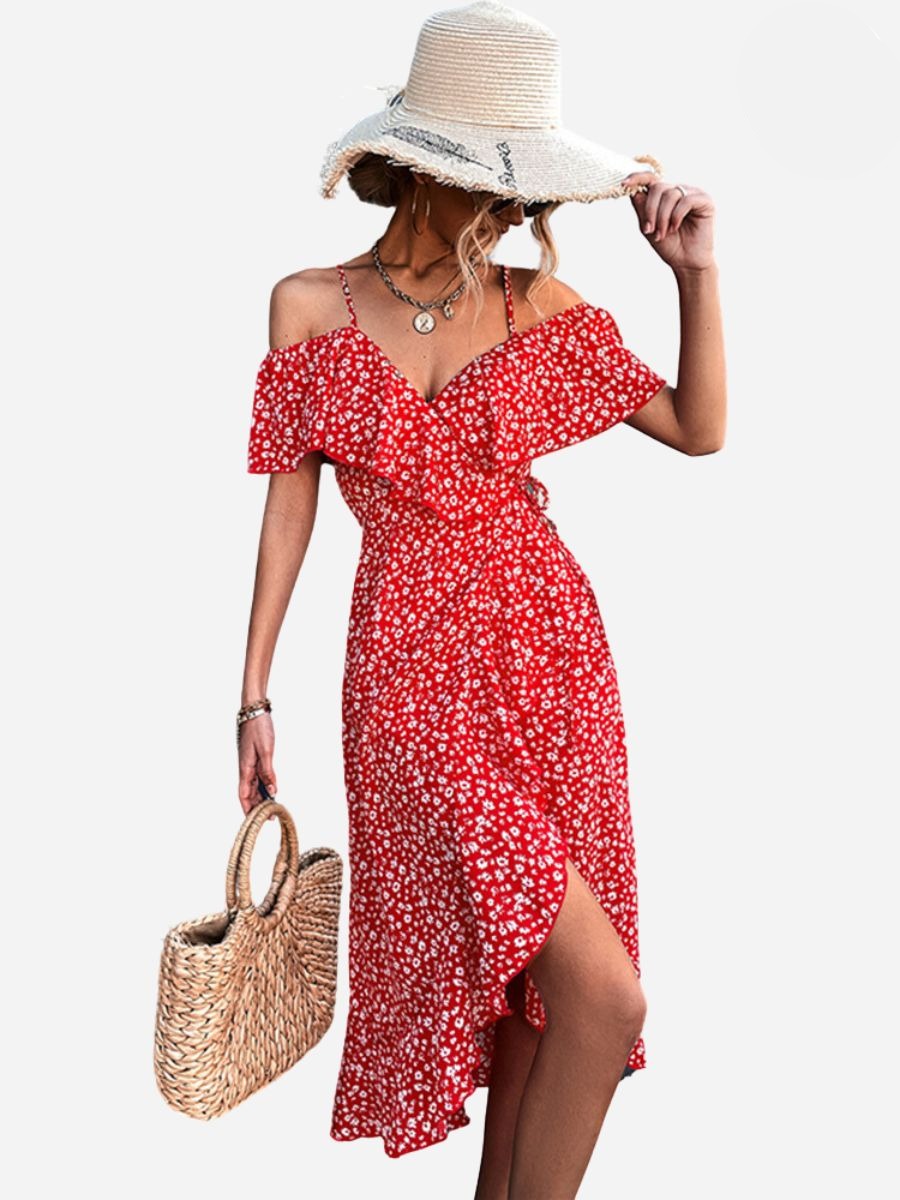 Floral Cold Shoulder Ruffle Spaghetti Strap Wrap Midi Dress - View 3
