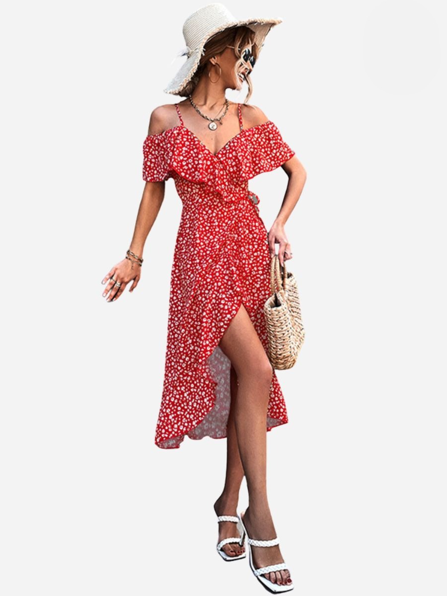 Floral Cold Shoulder Ruffle Spaghetti Strap Wrap Midi Dress - View 4