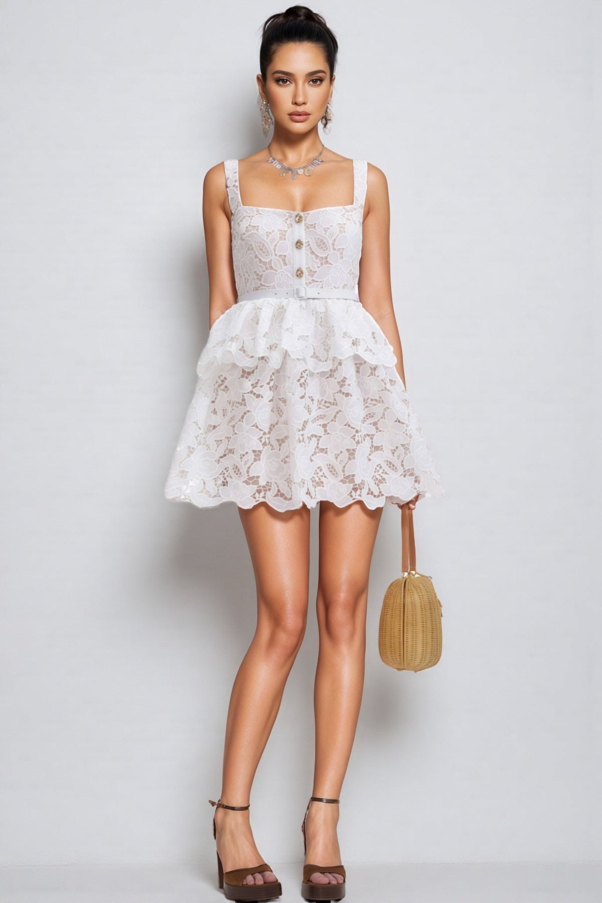 Arlena White Lace Tiered Mini Dress