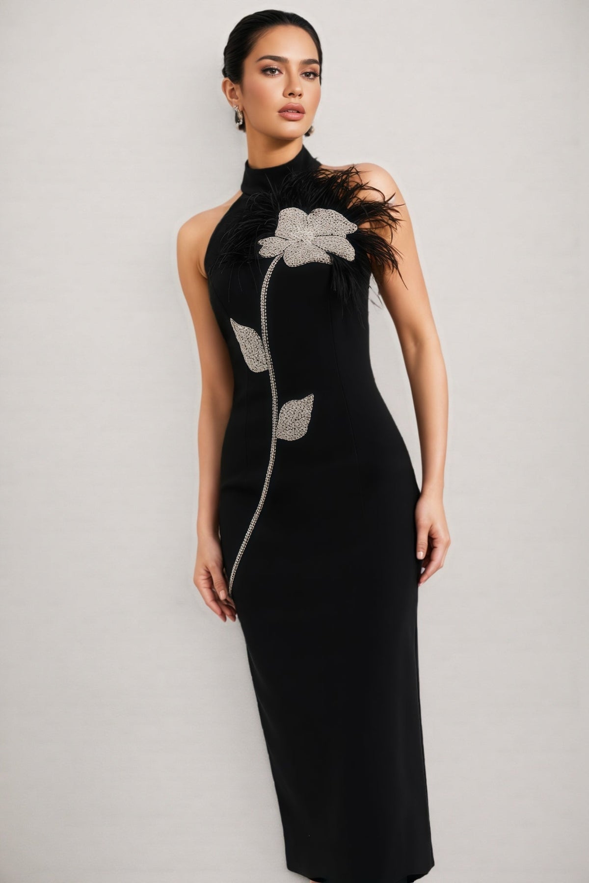 Bandeau 3D Floral Feather Midi Dress - View 3