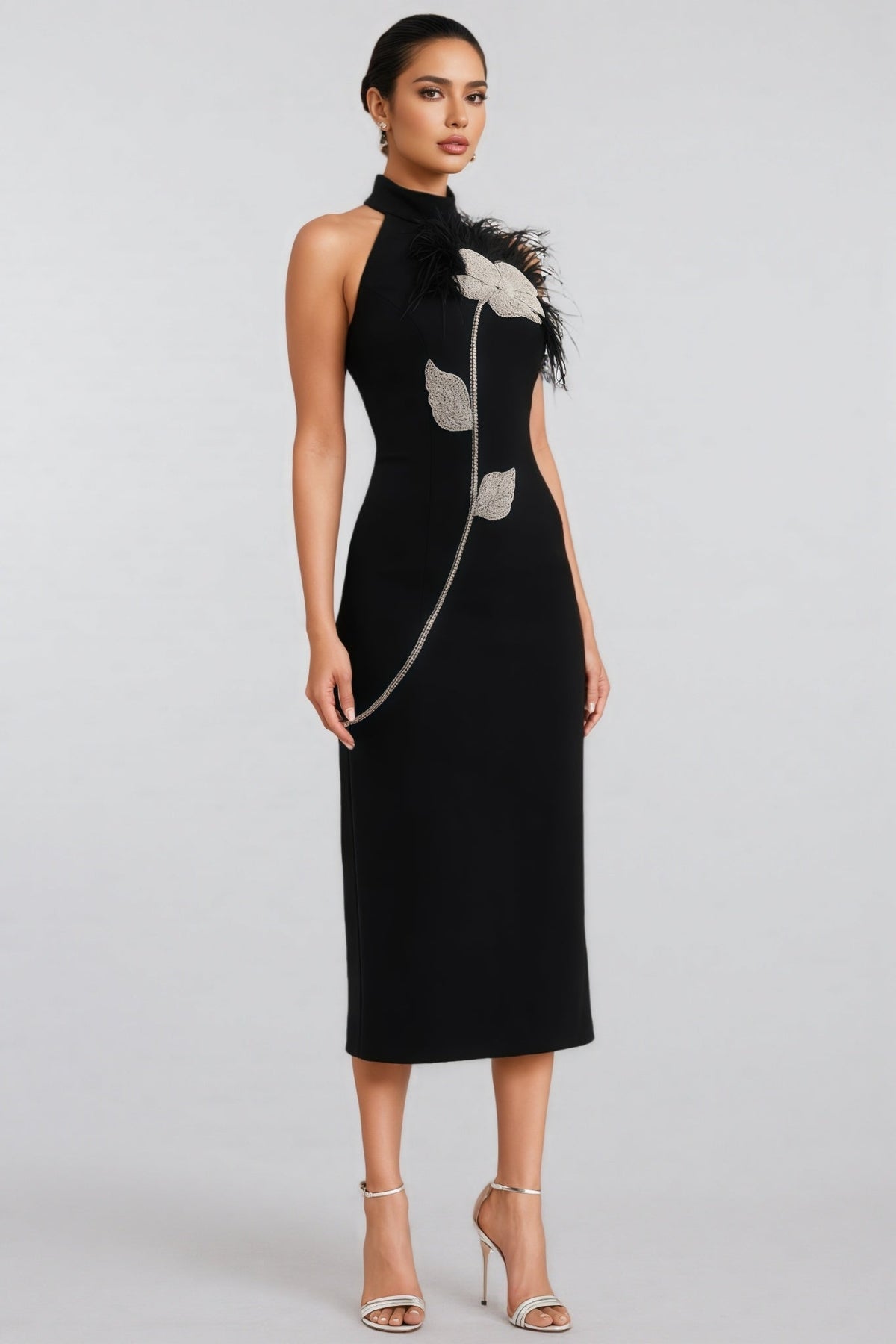 Bandeau 3D Floral Feather Midi Dress - View 2
