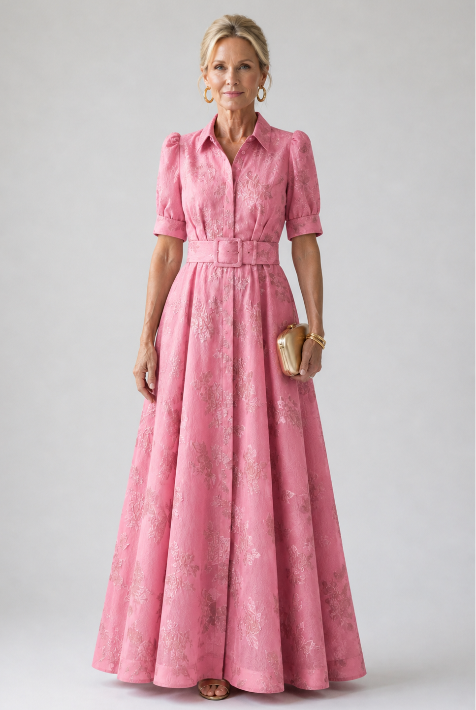 Floral Jacquard Collared Short Sleeve Belted A-Line Maxi Shirt Dress