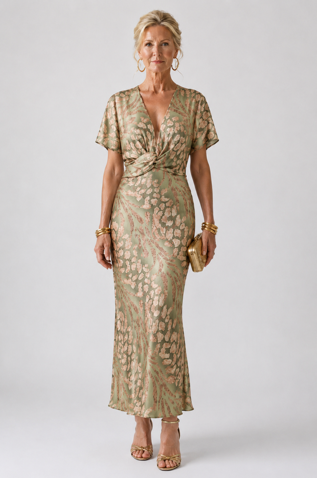 Floral Print V-Neck Short Sleeve Twist Waist Midi Dress