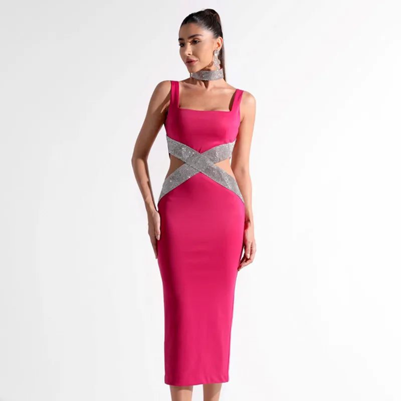 Sparkling Diamonds Midi Party Dress Rose Red / S Partydress-241208