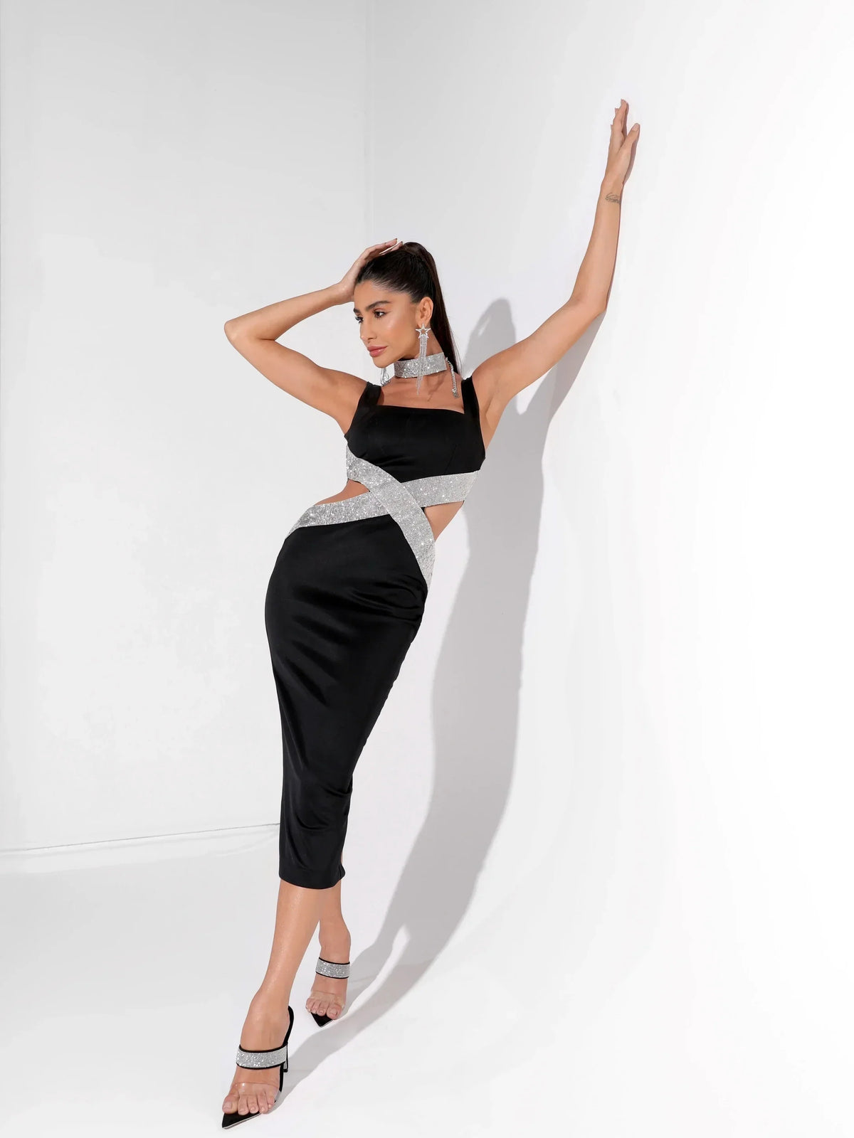 Square Neck Embellished Cut-Out Bodycon Midi Dress