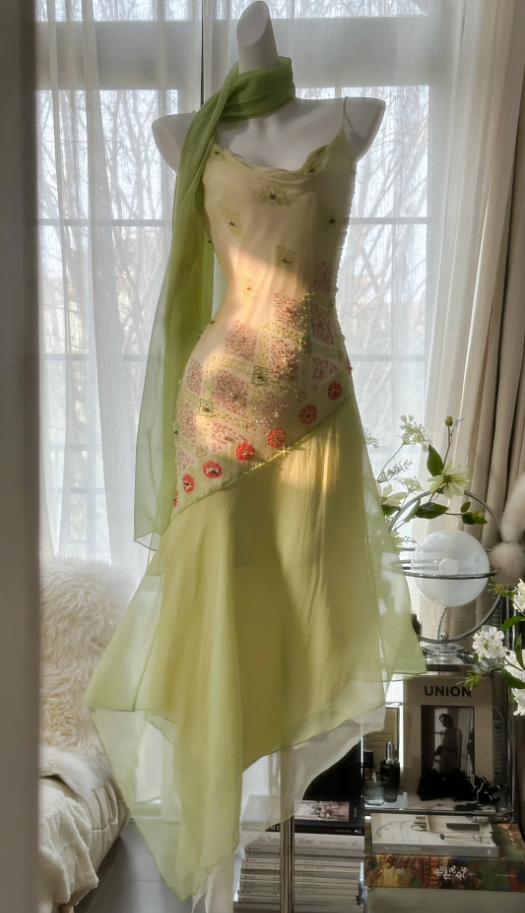 Classy Spaghetti Straps Light Green Chiffon Beaded Mermaid Long Party Dress Evening Gown D1790