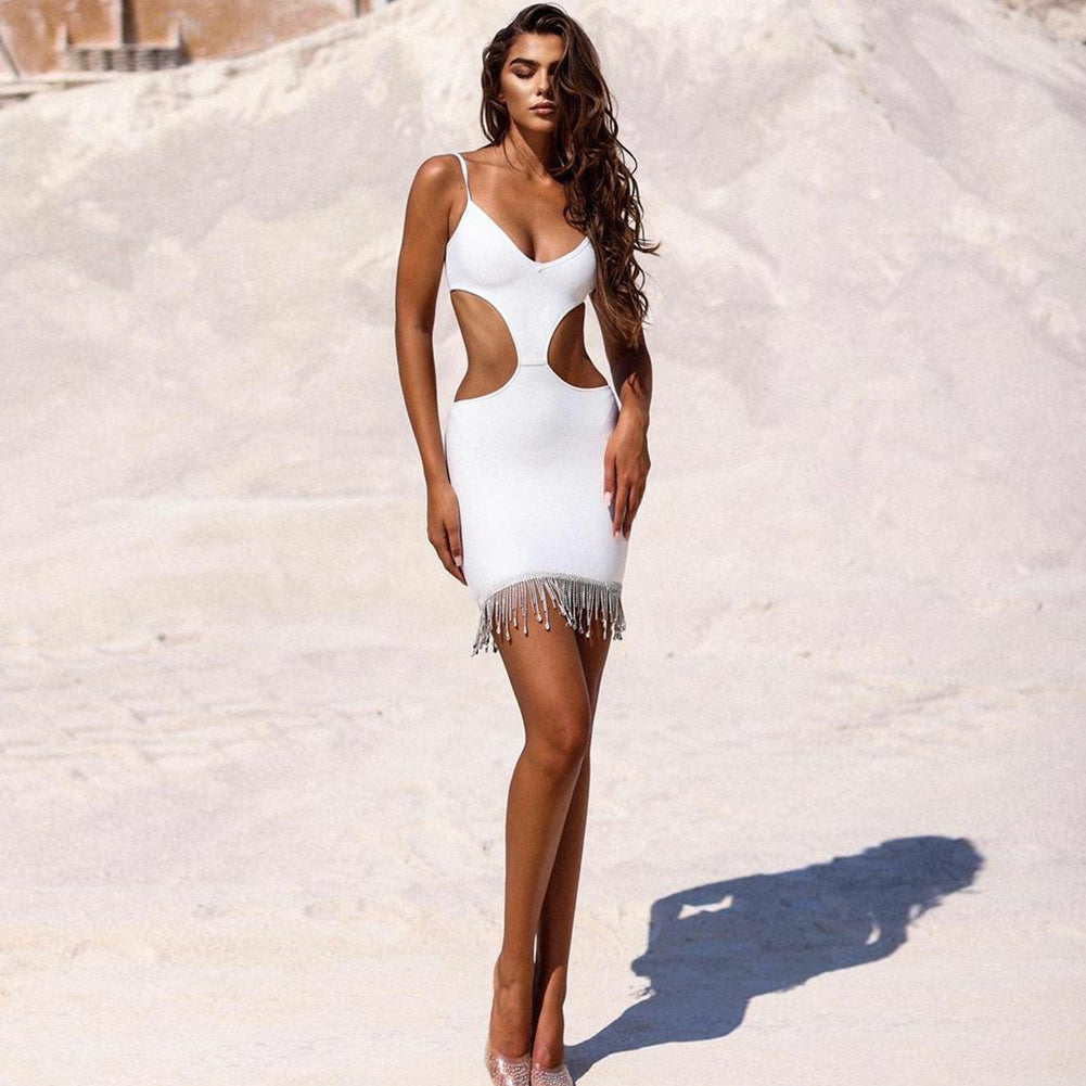 Cut-Out V-Neck Rhinestone Fringe Hem Bodycon Mini Dress