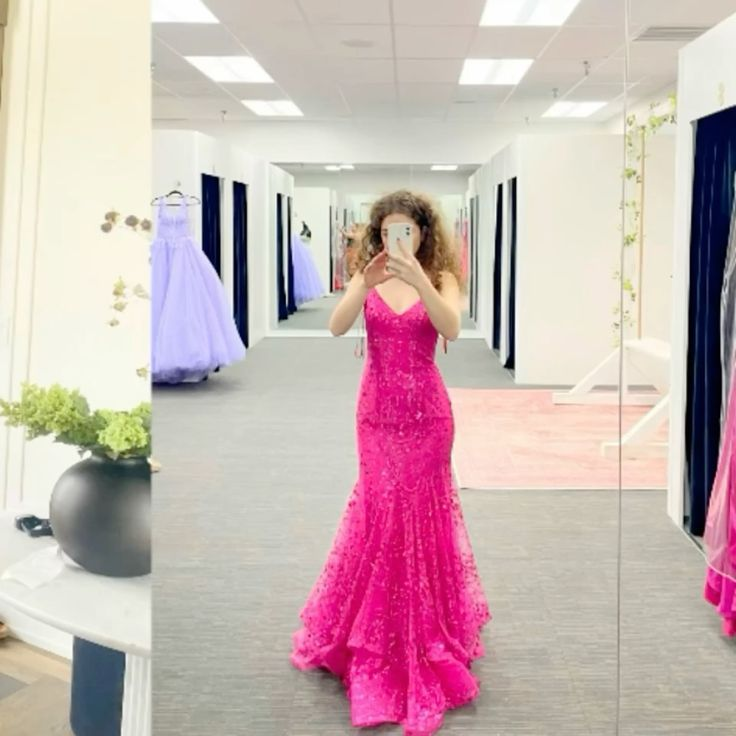 Charming Spaghetti Straps Hot Pink Tulle Mermaid Long Evening Dress Birthday Prom Dress D1743