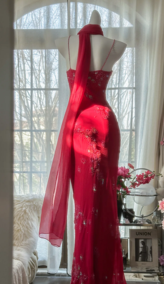 Pretty Red Spaghetti Straps Chiffon Beaded Mermaid Evening Dress Long Birthday Party Dress Prom Gown D1789