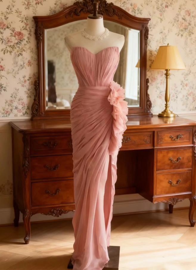 Pretty Pink Strapless Chiffon Pleated Slit Long Party Dress Evening Dress D1270