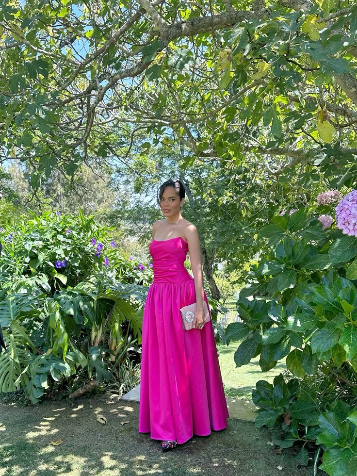 Fashion Hot Pink Satin A Line Long Bridesmaid Dress Formal Wedding Guest Dress D1156
