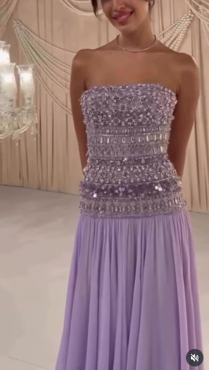 Classy Strapless Purple Chiffon Beaded Long Party Dress Evening Gown D1278