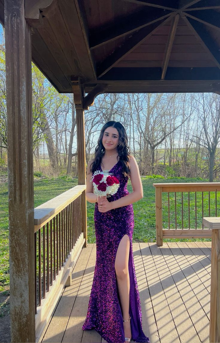 Sexy Spaghetti Straps Purple V Neck Sequin Mermaid Slit Party Dress Long Wedding Guest Dress D1265