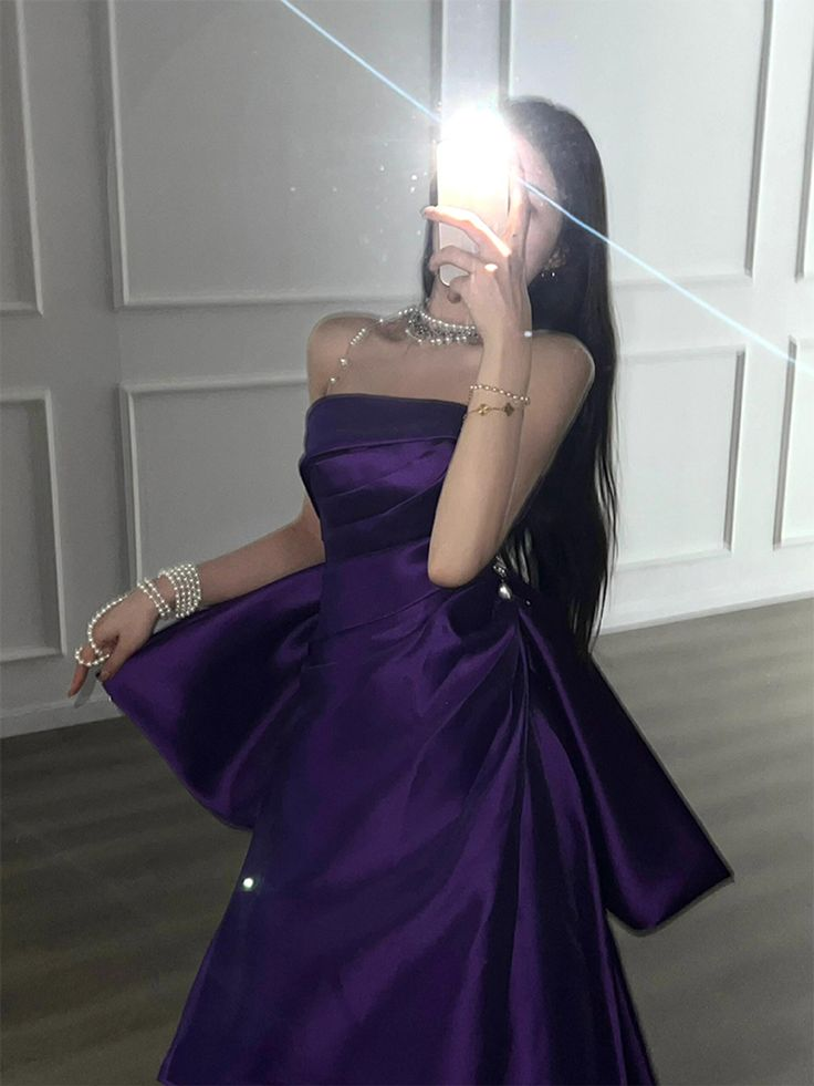 Stylish Purple Satin Strapless Pleated Mermaid Prom Dress Long Evening Dress With Bow D1613