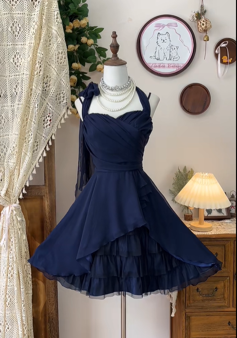 Vintage Navy Blue Chiffon A Line Homecoming Dress Cocktail Dress Mini Birthday Outfits S327
