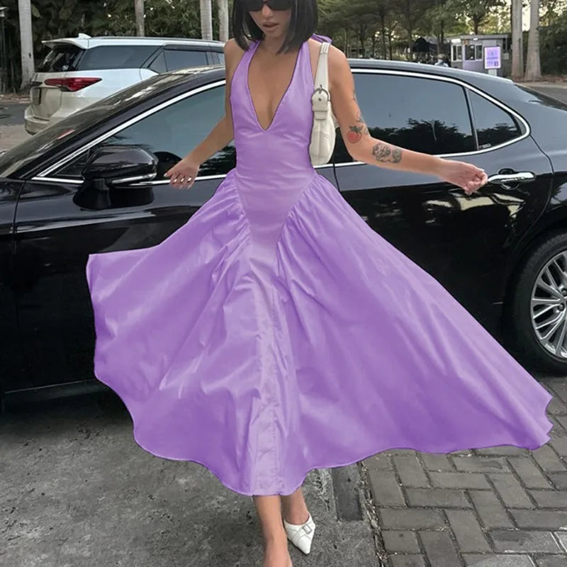 Backless Deep V Spliced Long Midi Dress