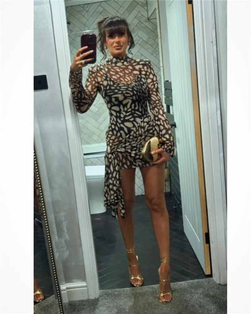 Mesh Leopard Print Turtleneck Mini Dress - View 11