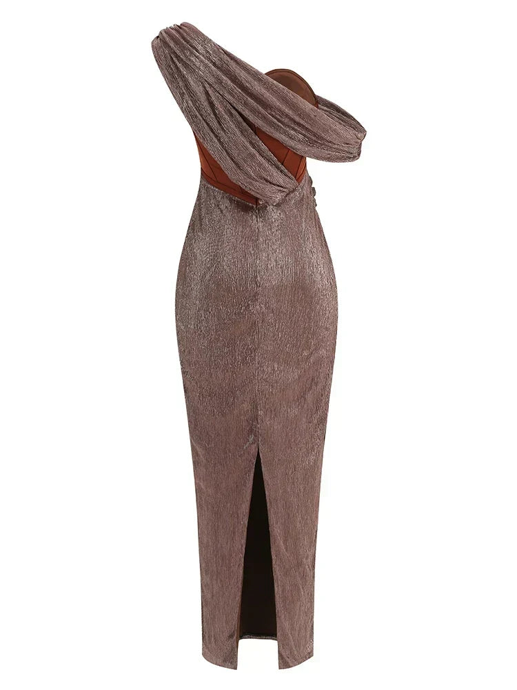 One Shoulder Draped Glitter Brown Maxi Dress - View 10