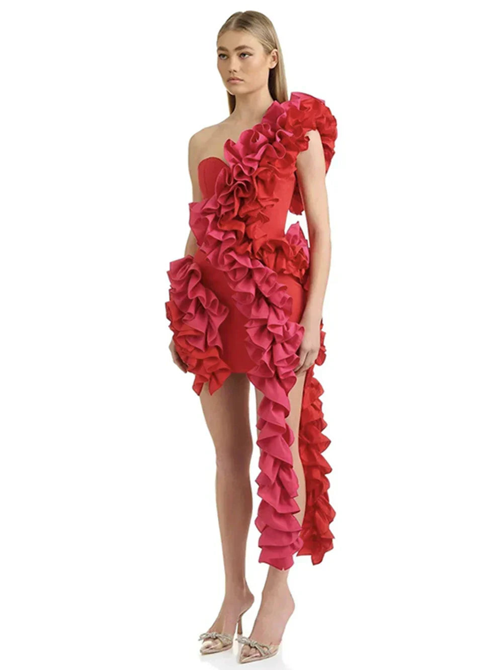 Solid Ruffles One Shoulder Strips Prom Mini Dress - View 7