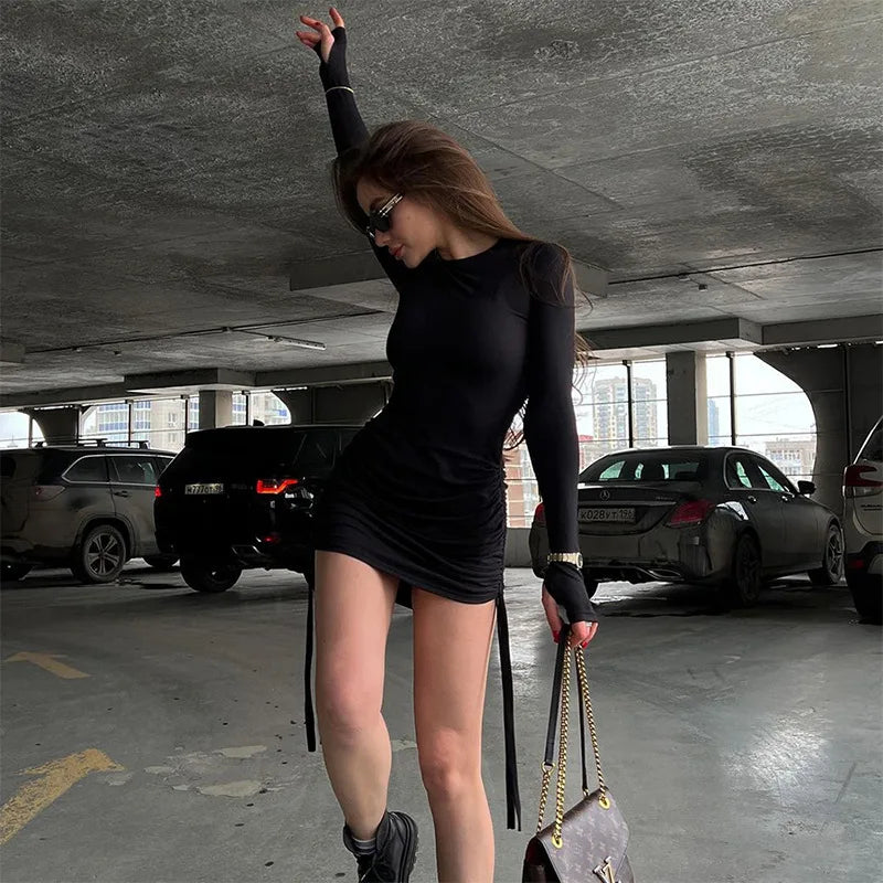 Drawstring Bandage Long Sleeve Mini Dress in Gray - View 8