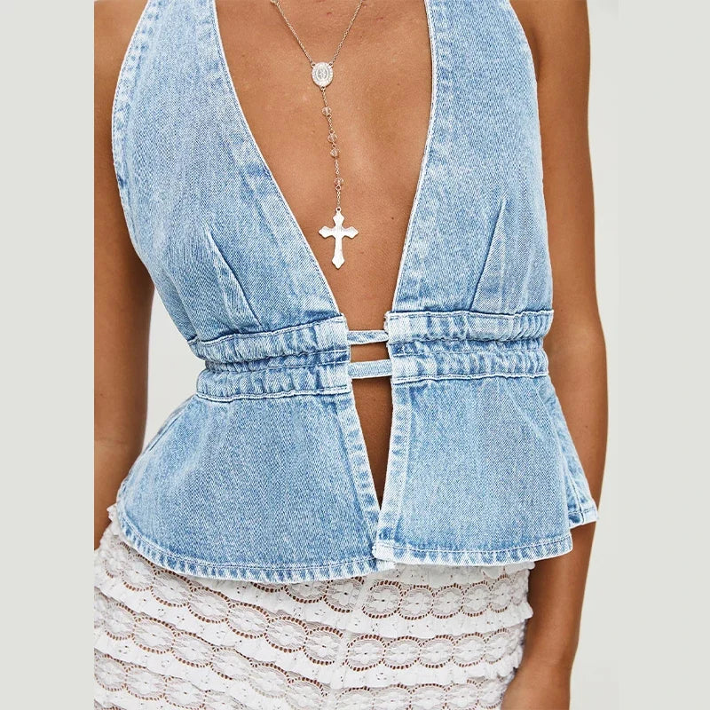 Denim Deep V-neck Backless Halter Lace-up Cami Top