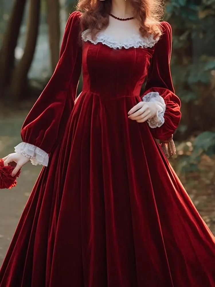 French Hepburn Velvet Drape Red Christmas Party Dress - Fashionpara