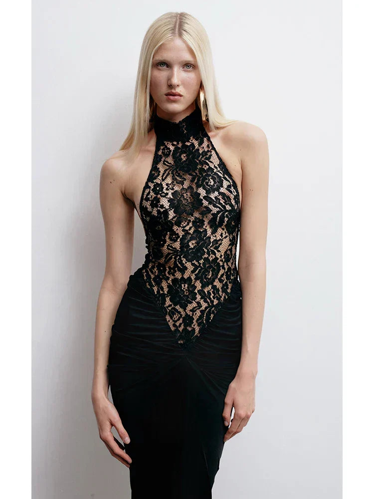 Halter Neck Lace Patchwork Black Maxi Dress - View 2