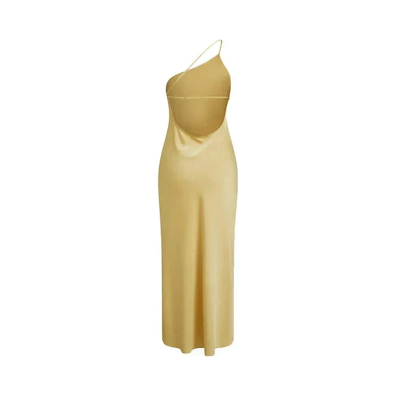 Backless Satin Slant Shoulder Solid Slit Long Dress - View 19