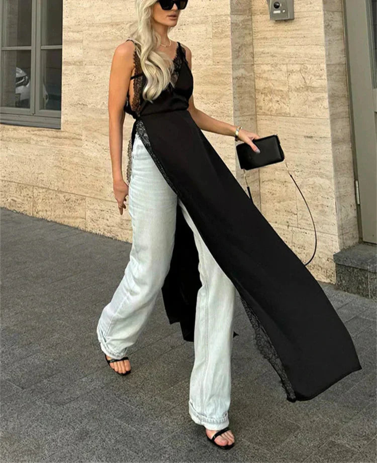 Lace Satin Patchwork High Split Maxi Dress - View 7
