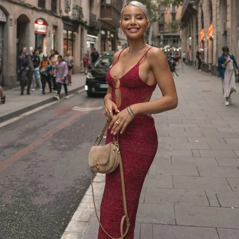 Shiny Silk Knit Metal Ring Bodycon Dress - View 10