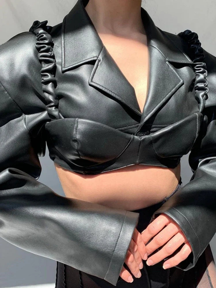 Black Slim PU 2Piece Tank Jacket - Fashionpara