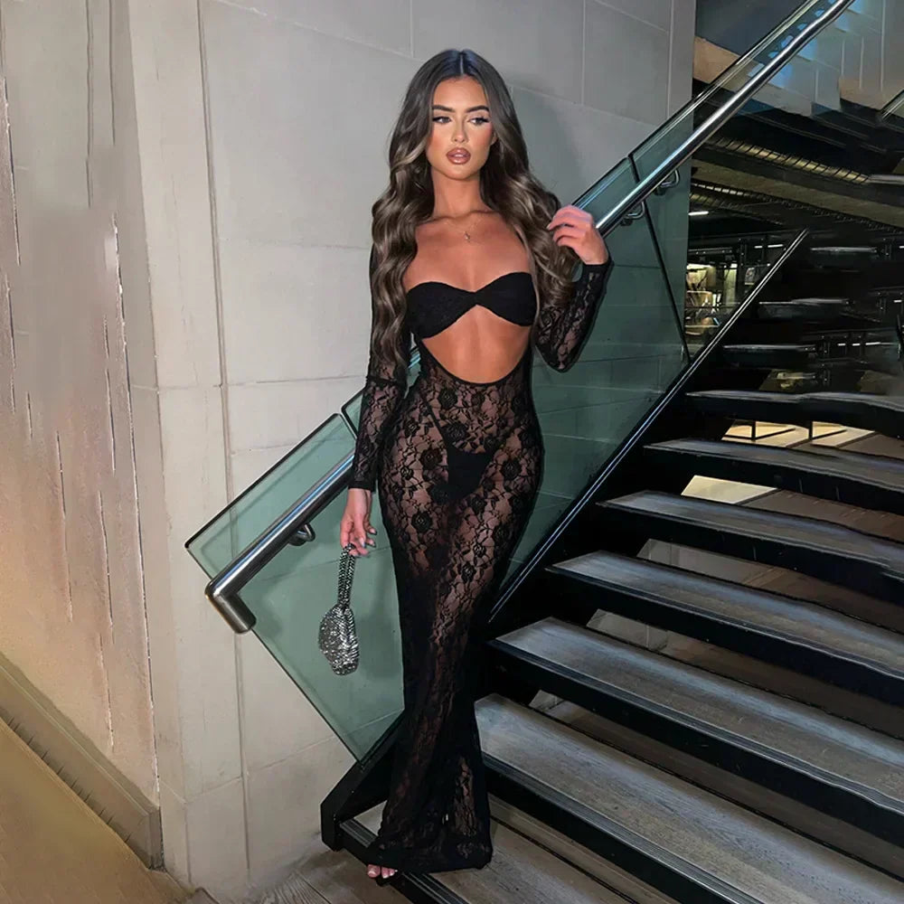 Perspective Lace Hollow Out Bodycon Maxi Dress - View 7