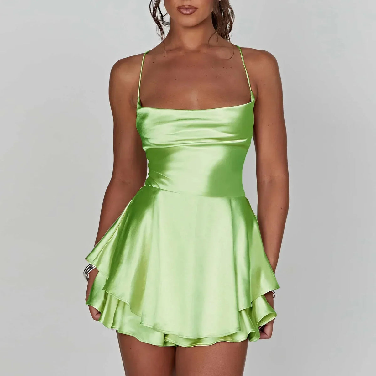 Satin Cowl Neck Tie Back Romper Mini Dress - View 10
