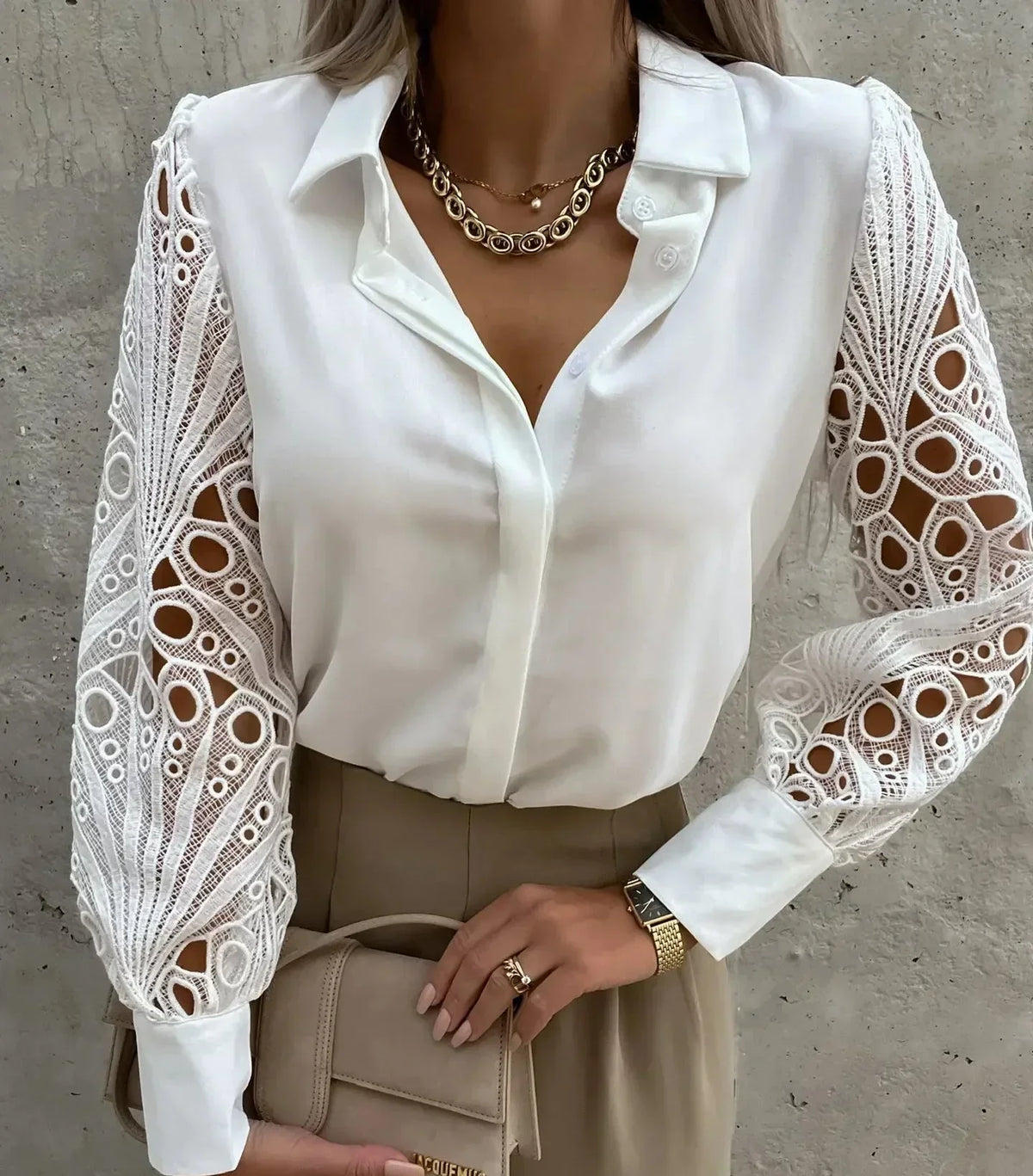 Collared Button Front Eyelet Lace Sleeve Blouse 2