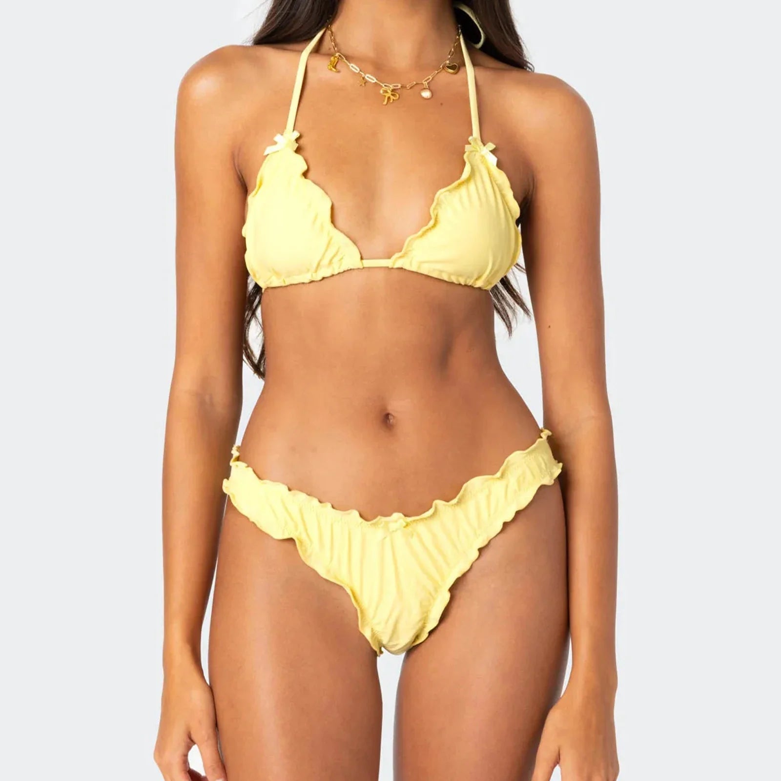 Solid Color Lettuce Trim Bikini Set - Fashionpara